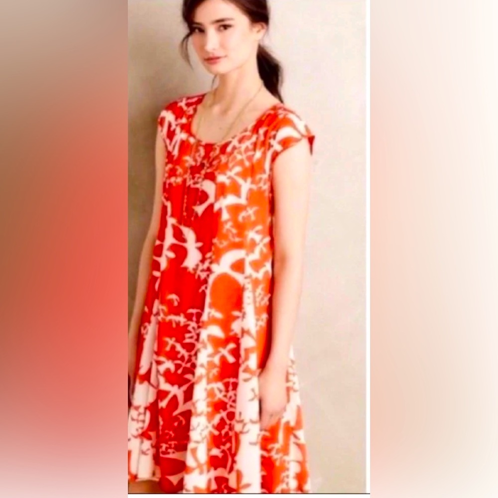Anthropologie Maeve Indiga Mini Swing Dress in Tangerine and White Bird Print